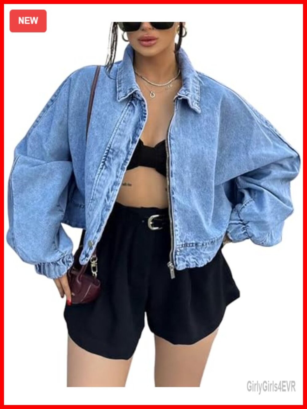 Oversized Cropped Denim Jacket Zip Up Light Wash Women